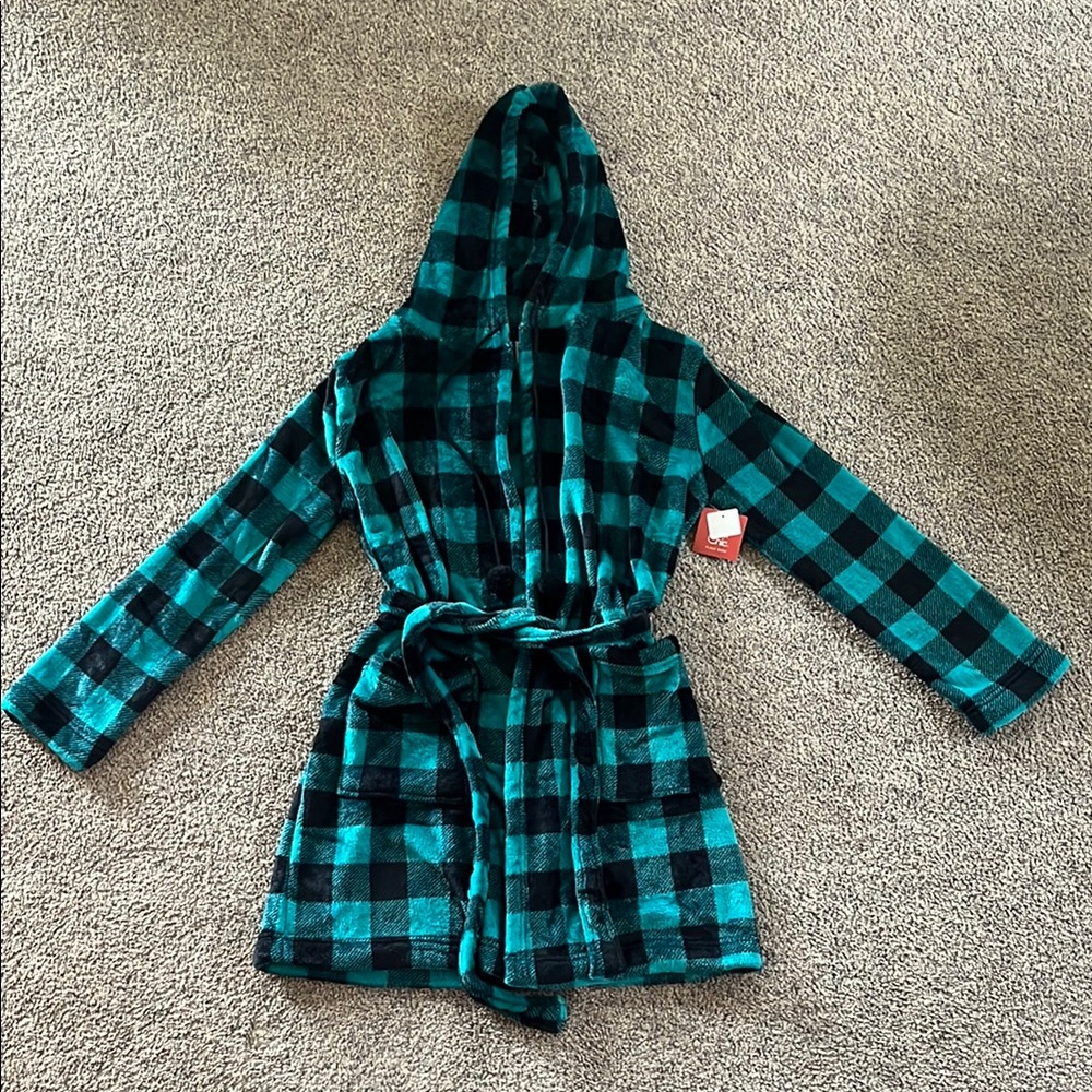 NEW Teal and Black Hooded Plush Robe Women’s Size M